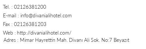 Divani Ali Hotel telefon numaralar, faks, e-mail, posta adresi ve iletiim bilgileri